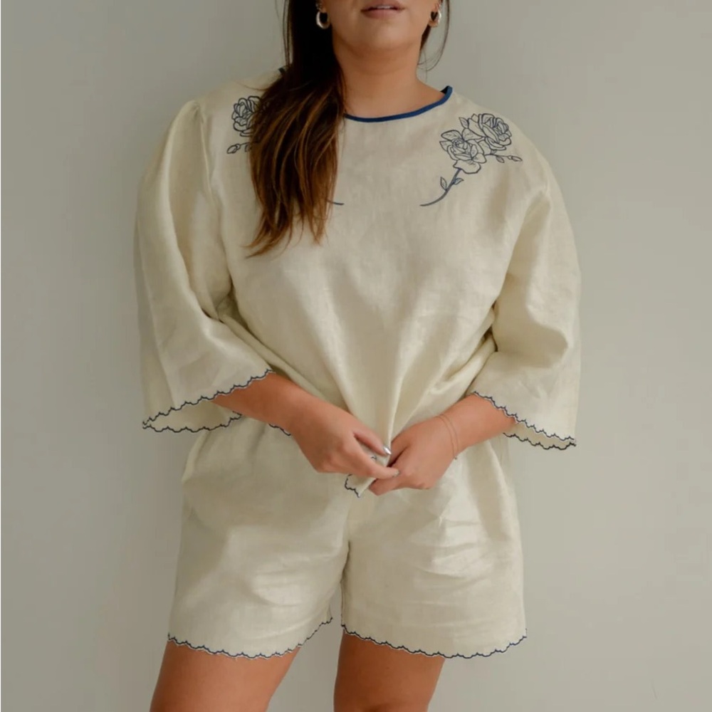 Sonderhaus Linen Cream Embroidered Top and Boxer Shorts Set